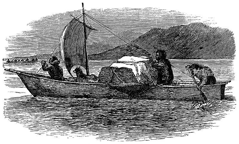 楚科奇人在一个传统的乌米亚克船在楚科奇半岛，俄罗斯- 19世纪